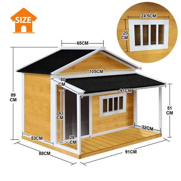 Dog House Kennel Raised Wooden Puppy Pet Shelter Home Outdoor Inside with Porch Window Door Asphalt Roof XL