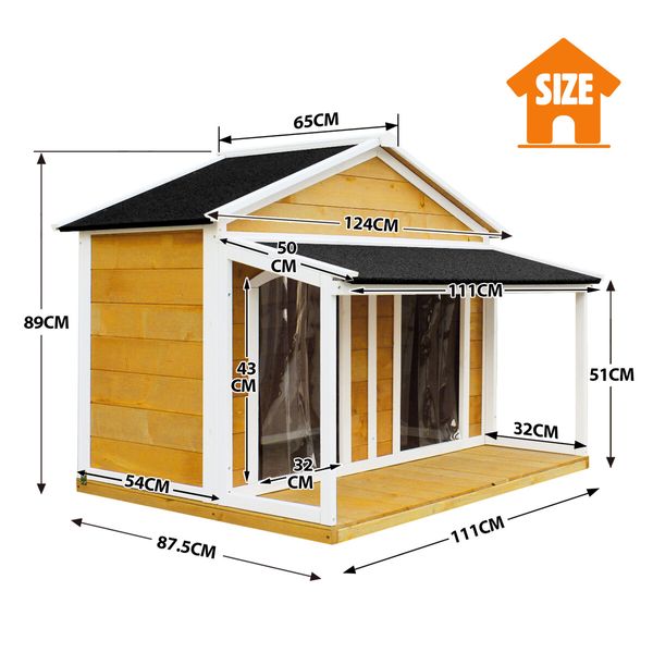 Dog House Kennel Wooden Raised Pet Puppy Home Shelter Indoor Outdoor with Porch Doors Asphalt Roof XXL