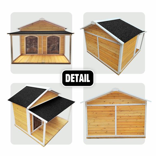 Dog House Kennel Wooden Raised Pet Puppy Home Shelter Indoor Outdoor with Porch Doors Asphalt Roof XXL