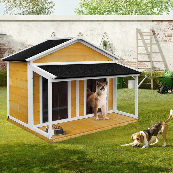 Dog House Kennel Wooden Raised Pet Puppy Home Shelter Indoor Outdoor with Porch Doors Asphalt Roof XXL