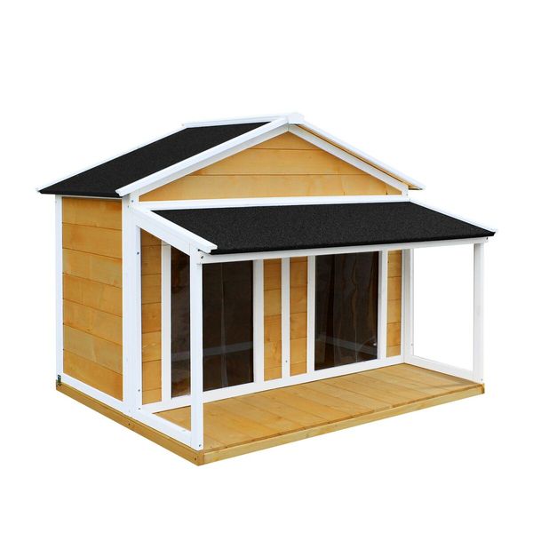 Dog House Kennel Wooden Raised Pet Puppy Home Shelter Indoor Outdoor with Porch Doors Asphalt Roof XXL