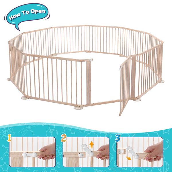 10 Panels Baby Playpen Fence Pen Safety Gate Activity Centre Pet Dog Cat Enclosure Barrier Playground Pine Wood Portable Play Room