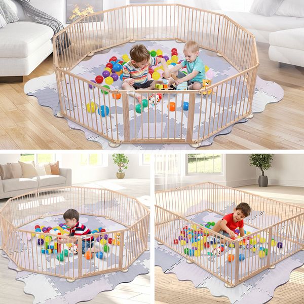 10 Panels Baby Playpen Fence Pen Safety Gate Activity Centre Pet Dog Cat Enclosure Barrier Playground Pine Wood Portable Play Room