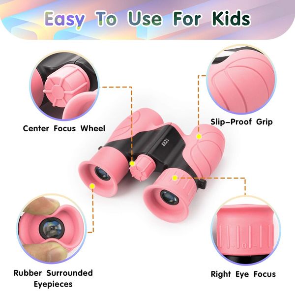 Binoculars for Kids High-Resolution 8x21,Gift for Boys & Girls Shockproof Compact Kids Binoculars for Bird Watching,Hiking,Camping,Travel,Learning,Spy Games & Exploration (Pink)