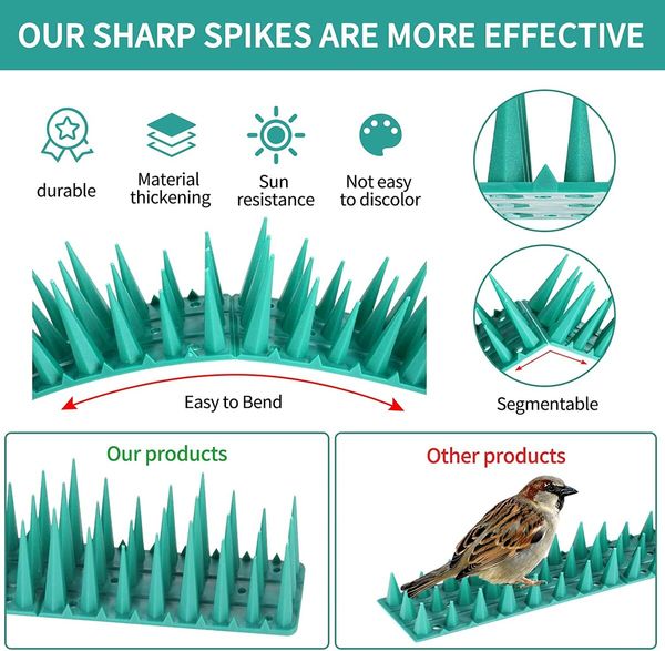 Bird Spikes,10 Pack Plastic Squirrel Raccoon Pigeon Cat Animal Deterrent Spikes, Green