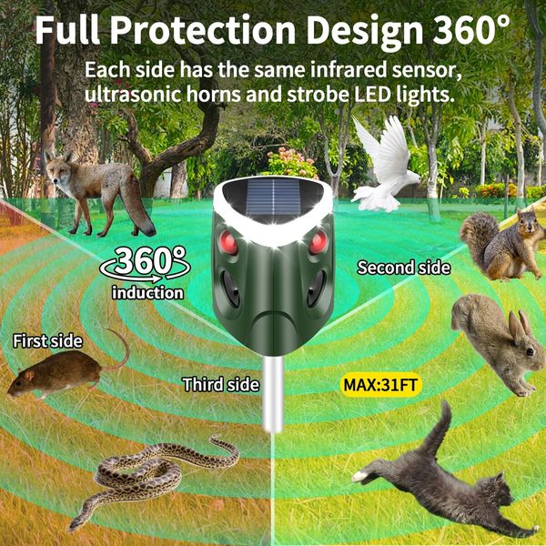 Ultrasonic Outdoor Solar Animal Repeller with 3-Side Motion Activated Flashing Lights for Cat Raccoon Rabbit Deer