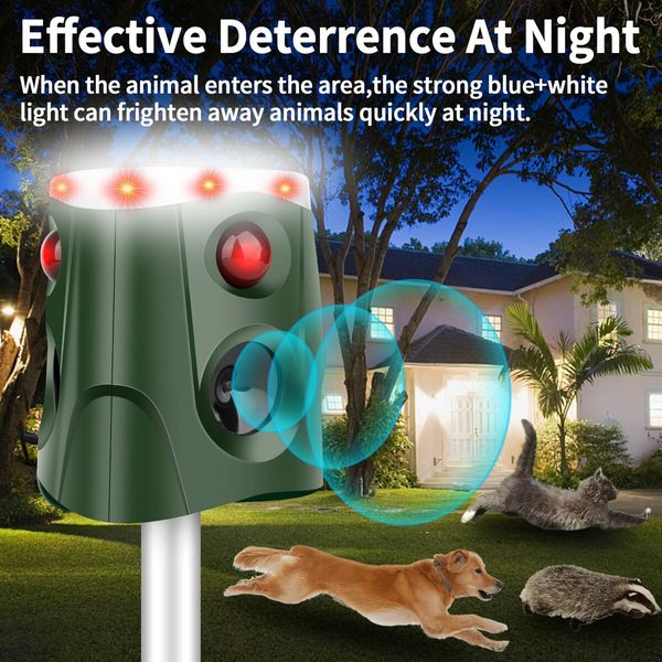 Ultrasonic Outdoor Solar Animal Repeller with 3-Side Motion Activated Flashing Lights for Cat Raccoon Rabbit Deer