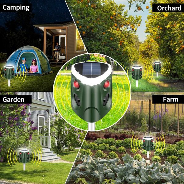 Ultrasonic Outdoor Solar Animal Repeller with 3-Side Motion Activated Flashing Lights for Cat Raccoon Rabbit Deer