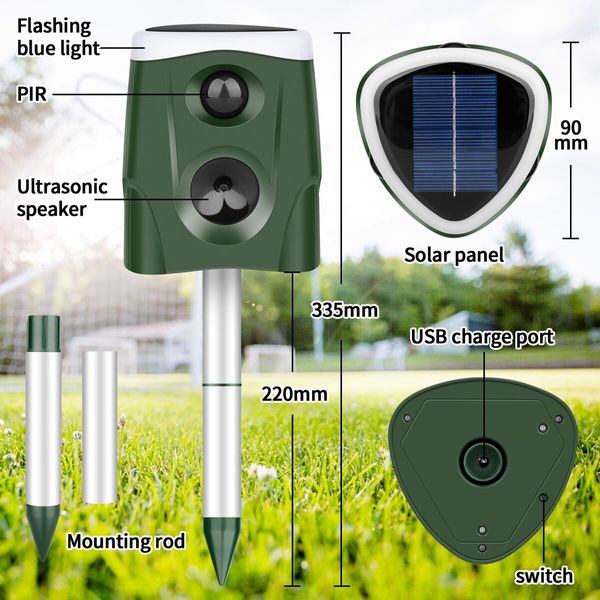 Ultrasonic Outdoor Solar Animal Repeller with 3-Side Motion Activated Flashing Lights for Cat Raccoon Rabbit Deer