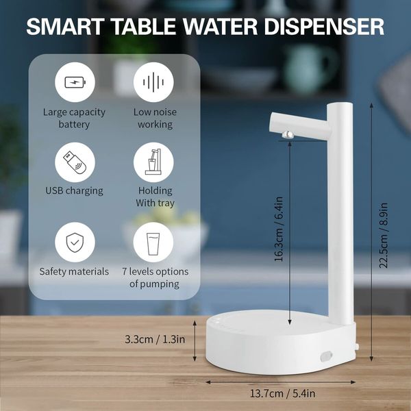 Desktop Water Bottle Dispenser,Portable Electric Water Bottle Pump for 5 Gallon & Universal Bottles,USB Charging Automatic Drinking Water Dispenser Water Jug Pump for Home,Office,Outdoor (White)