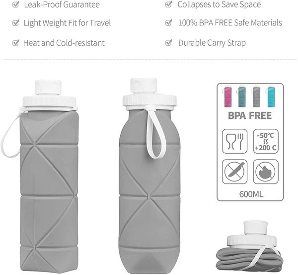 Collapsible Water Bottles Cups Leakproof Valve Reusable BPA Free Silicone Foldable Travel Water Bottle Cup for Gym Camping Hiking Travel Sports Lightweight Durable (20oz,Grey)