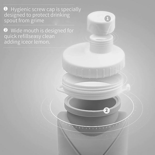 Collapsible Water Bottles Cups Leakproof Valve Reusable BPA Free Silicone Foldable Travel Water Bottle Cup for Gym Camping Hiking Travel Sports Lightweight Durable (20oz,Grey)