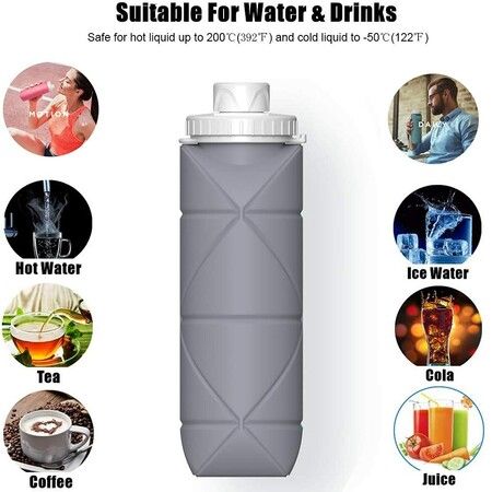 Collapsible Water Bottles Cups Leakproof Valve Reusable BPA Free Silicone Foldable Travel Water Bottle Cup for Gym Camping Hiking Travel Sports Lightweight Durable (20oz,Grey)