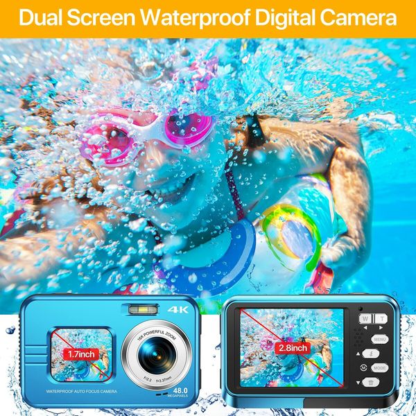 Underwater Cameras,4K Waterproof Digital Camera 48 MP Autofocus Function Selfie Dual Screens with Compact Portable 11FT Underwater Camera for Snorkeling,2 battery (Blue)