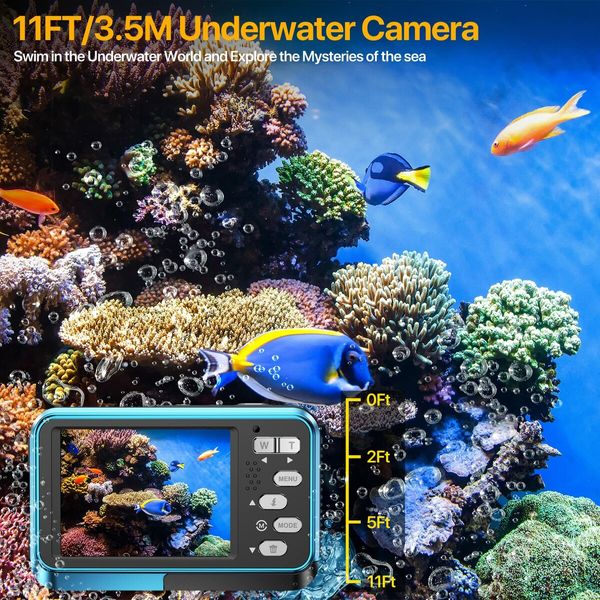 Underwater Cameras,4K Waterproof Digital Camera 48 MP Autofocus Function Selfie Dual Screens with Compact Portable 11FT Underwater Camera for Snorkeling,2 battery (Blue)