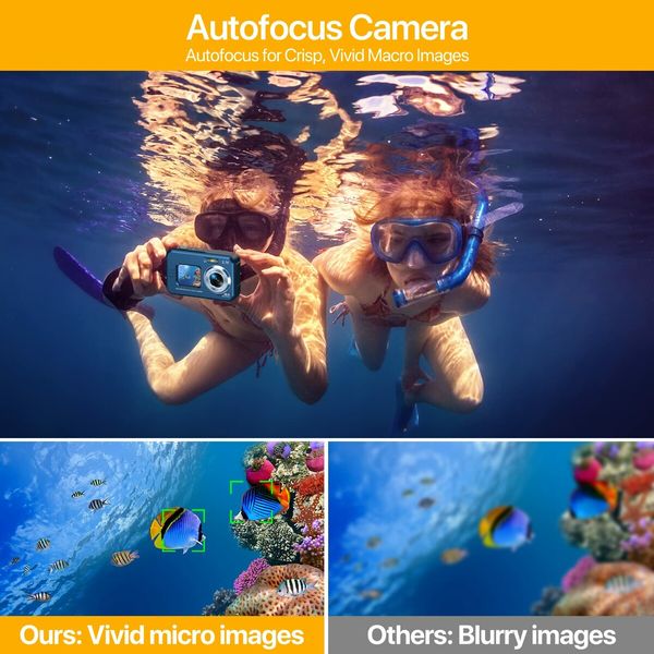 Underwater Cameras,4K Waterproof Digital Camera 48 MP Autofocus Function Selfie Dual Screens with Compact Portable 11FT Underwater Camera for Snorkeling,2 battery (Blue)