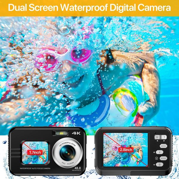 Underwater Cameras,4K Waterproof Digital Camera 48 MP Autofocus Function Selfie Dual Screens Compact Portable 11FT Underwater Camera for Snorkeling,2 battery (Black)