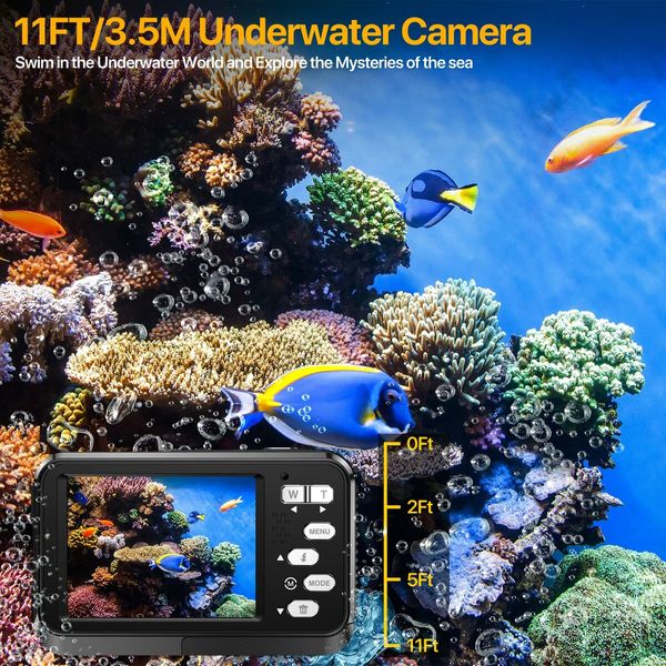 Underwater Cameras,4K Waterproof Digital Camera 48 MP Autofocus Function Selfie Dual Screens Compact Portable 11FT Underwater Camera for Snorkeling,2 battery (Black)