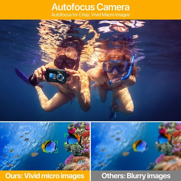 Underwater Cameras,4K Waterproof Digital Camera 48 MP Autofocus Function Selfie Dual Screens Compact Portable 11FT Underwater Camera for Snorkeling,2 battery (Black)