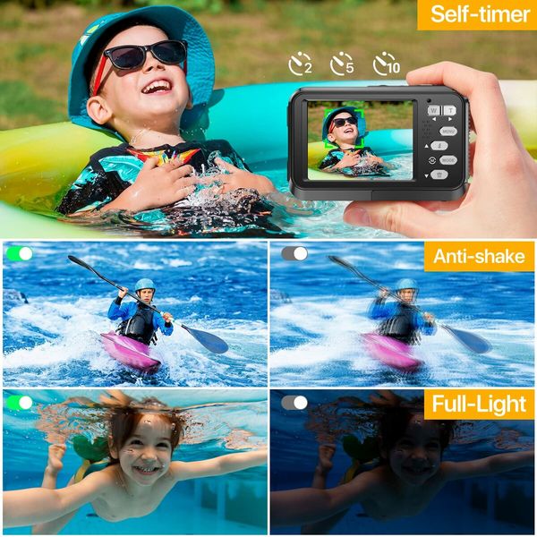 Underwater Cameras,4K Waterproof Digital Camera 48 MP Autofocus Function Selfie Dual Screens Compact Portable 11FT Underwater Camera for Snorkeling,2 battery (Black)