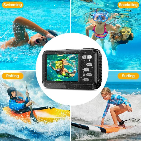 Underwater Cameras,4K Waterproof Digital Camera 48 MP Autofocus Function Selfie Dual Screens Compact Portable 11FT Underwater Camera for Snorkeling,2 battery (Black)