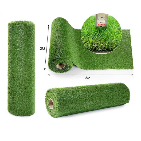 Artificial Grass 2x5m Fireproof Synthetic Turf Fake Lawn Flooring Mat Carpet Faux Plant Yarn Backyard Balcony 40mm 10SQM Roll 10 Pins