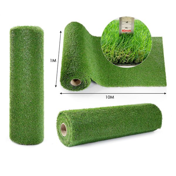 Artificial Grass 40mm Fireproof Synthetic Turf Fake Lawn 1x10m Flooring Mat Carpet Faux Plant Yarn Backyard Balcony 10SQM Roll 10 Pins