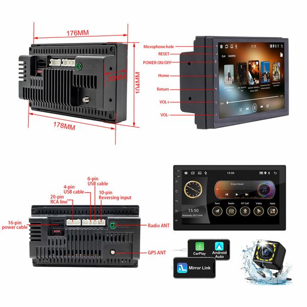 7inch Car Stereo Radio Double Din Android Player Apple CarPlay System Head Unit Music Navigation Touch Screen 2+32G