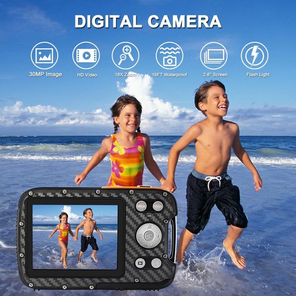 16FT Underwater Camera 30MP Waterproof Digital Camera with 32G Card and Rechargeable Battery,18X Point and Shoot Camera for Boys Girls Children Teens Snorkeling Swimming Vacation (Orange)