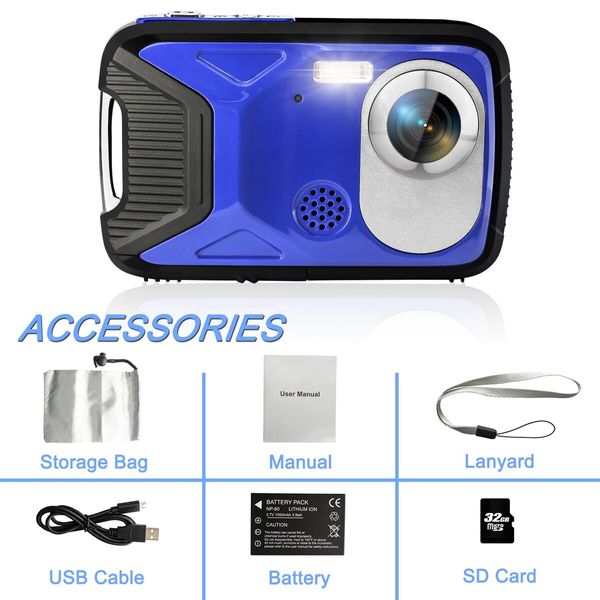 16FT Underwater Camera 30MP Waterproof Digital Camera with 32G Card and Rechargeable Battery,18X Point and Shoot Camera for Boys Girls Children Teens Snorkeling Swimming Vacation (Blue)