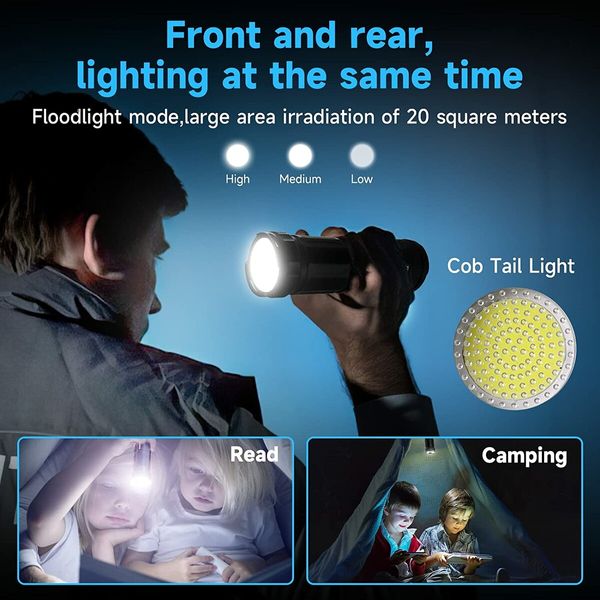 Super Bright Led Tactical Flashlights with COB Work Light, High Powered Flashlight, Powerful Handheld Flashlights for Emergencies Camping Hiking