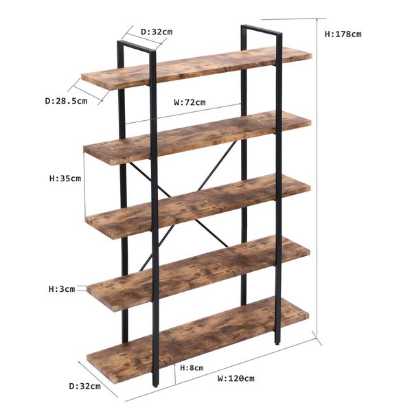 IHOMDEC 5-Tier Industrial Style Bookshelf Rustic Dark Brown