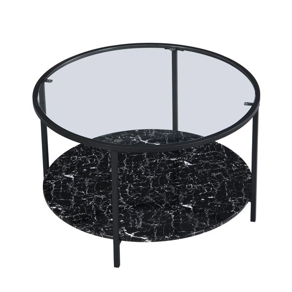 IHOMDEC 2-Tier Coffee Tables Metal Frame with Tempered Glass Top and Marble Style bottom Black/Transparent