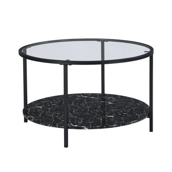 IHOMDEC 2-Tier Coffee Tables Metal Frame with Tempered Glass Top and Marble Style bottom Black/Transparent