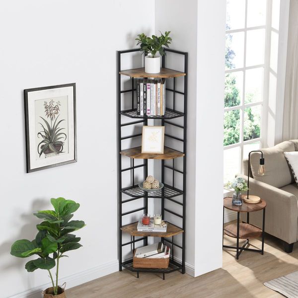 IHOMDEC Industrial 6-Tier Pentagon Corner Bookshelf, 194.5cmH Rustic Dark Brown