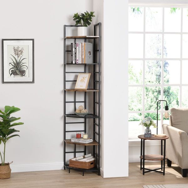 IHOMDEC Industrial 6-Tier Pentagon Corner Bookshelf, 194.5cmH Rustic Dark Brown