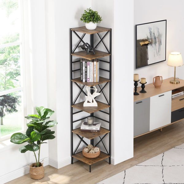 IHOMDEC Industrial 6-Tier Square Corner Bookshelf, 186.5cmH Rustic Dark Brown