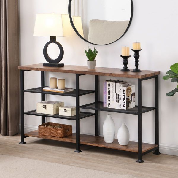 IHOMDEC Industrial 4-Tier Console Table 140cmW Rustic Dark Brown