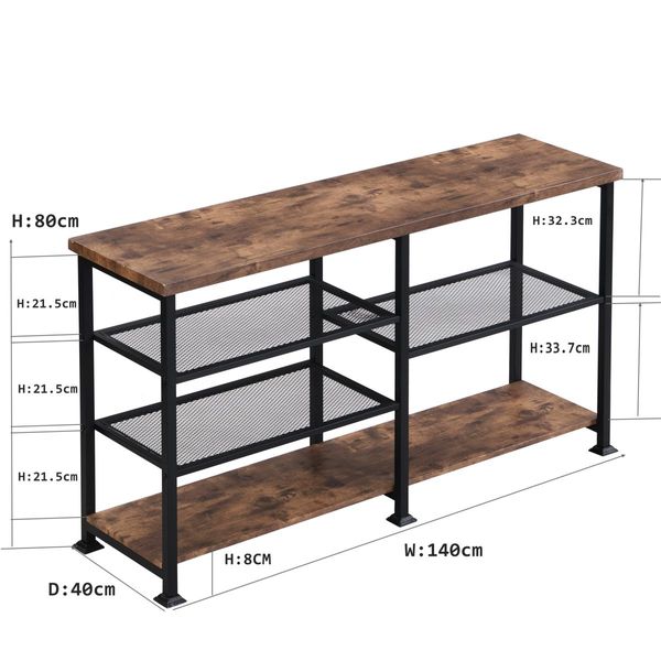 IHOMDEC Industrial 4-Tier Console Table 140cmW Rustic Dark Brown