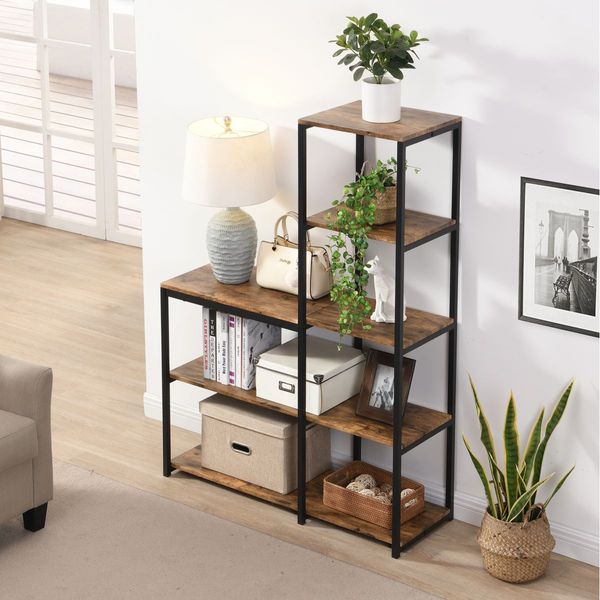 IHOMDEC 5-Tier L Shaped Open Ladder Bookshelf Rustic Dark Brown