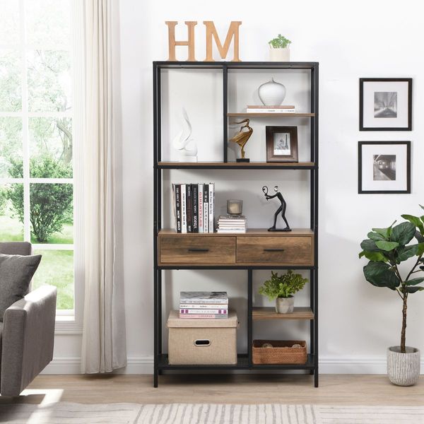 IHOMDEC 6-Tier Open Multi-function Bookshelf with Drawers Rust Dark Brown