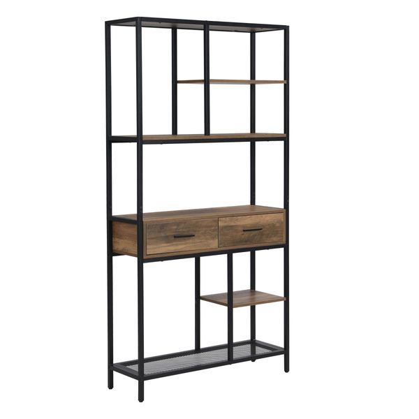 IHOMDEC 6-Tier Open Multi-function Bookshelf with Drawers Rust Dark Brown