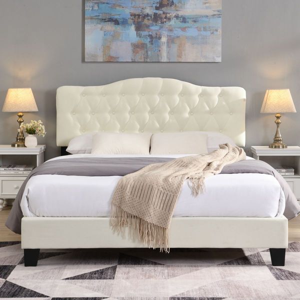 IHOMDEC Upholstered Linen Look Double Bed Frame BEF06 Beige