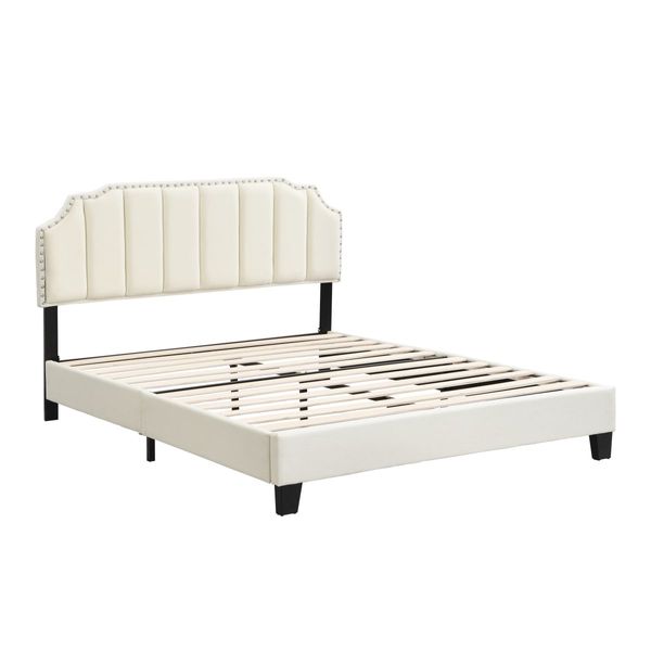 IHOMDEC Upholstered Linen Look Double Bed Frame e BEF07 Beige