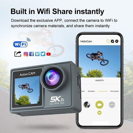 5K 30FPS Action Camera Dual IPS Screen 170 Degree Wide Angle 30m Waterproof Sport Camera with Remote Control Bicycle Diving Cam