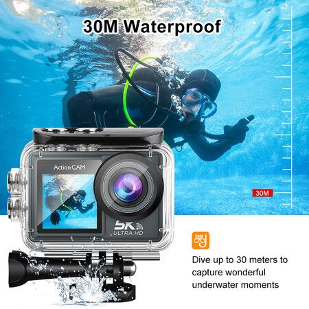 5K 30FPS Action Camera Dual IPS Screen 170 Degree Wide Angle 30m Waterproof Sport Camera with Remote Control Bicycle Diving Cam