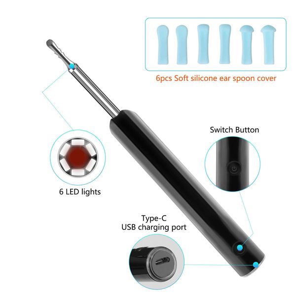 Smart WiFi Visual Ear Endoscope Camera with 3.5 mm Lens 1080P FHD Camera 6 LED Lights Waterproof Lens for IOS Android-Black