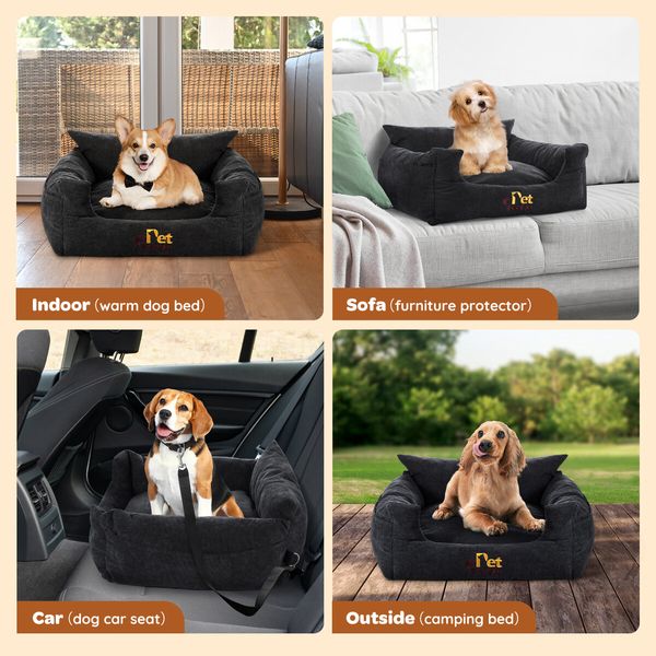 Dog Car Seat Cat Bed Booster Sofa Pet Calming Couch Cushion Puppy Washable Protector Camping Travel Basket Carrier Safety Belt Medium 55x55x30cm