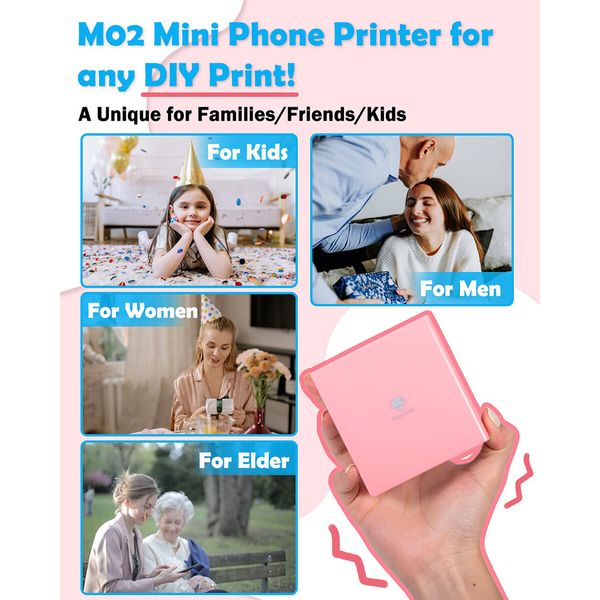 Mini Pocket Printer,Portable Bluetooth Thermal Printer Pocket Printer Compatible with iOS + Android for Organizing Office Documents,Work List Printing,Black and White Picture (Pink)