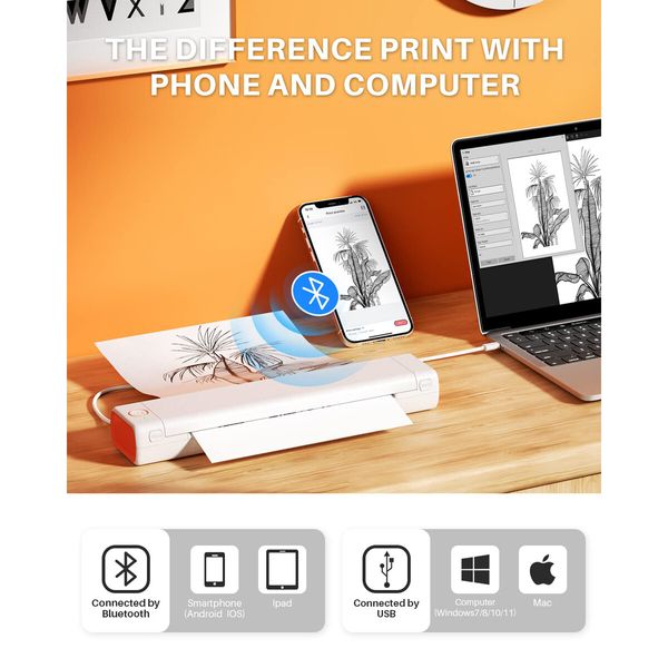 Portable Printer Wireless for Travel,M08F Bluetooth Mobile Portable Printer A4 Support 210 x 297 mm A4 Thermal Paper,Inkless Thermal Compact Printer,Compatible with Android and iOS Phone & Laptop (White/Orange)